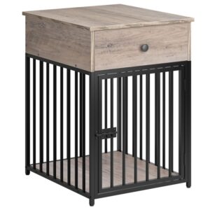 dog crate furniture, dog crate table, decorative dog kennel with drawer, indoor pet crate end table for small dog, steel-tube dog cage, chew-proof, grey
