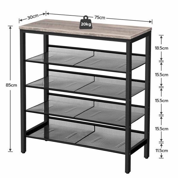 5-Tier Upassbar Schong Rack, Industriell Grey laang halen Schong Stockage Eenheet fir 16 Pairen, Gëeegent fir Entrée, Gang, Kleederschaaf, Schlofzëmmer
