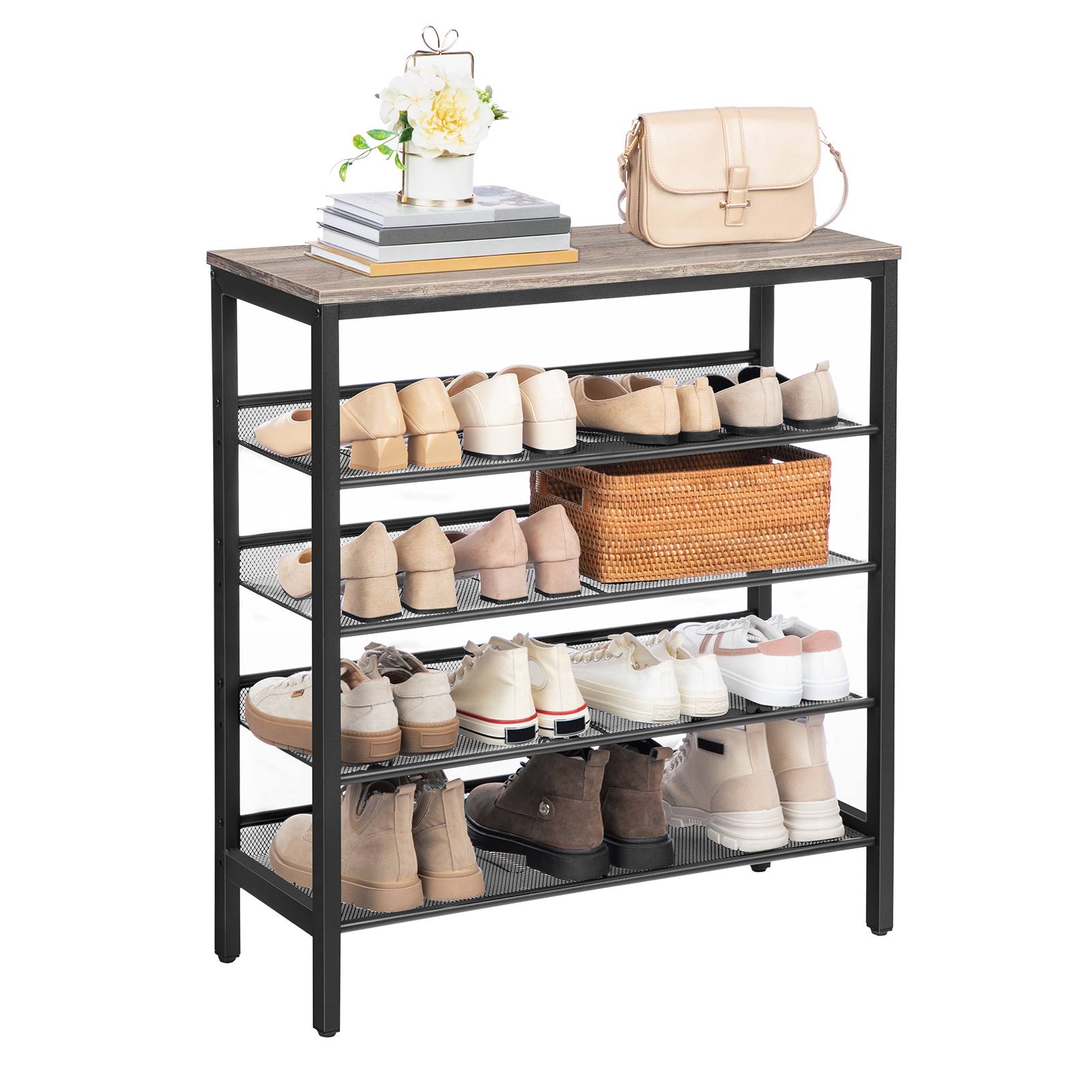 5-Półka na buty z możliwością regulacji poziomu, Industrial Grey Durable Shoe Storage Unit for 16 Pary, Nadaje się do przedpokoju, Korytarz, Gabinet, Pokój w akademiku