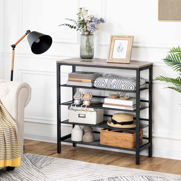 5-Tier Upassbar Schong Rack, Industriell Grey laang halen Schong Stockage Eenheet fir 16 Pairen, Gëeegent fir Entrée, Gang, Kleederschaaf, Schlofzëmmer