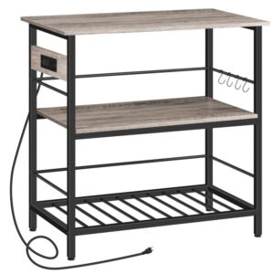 Kitchen Island with Storage, Kitchen Island Table with Power Outlet, 3 Tier Coffee Station and Microwave Stand, for Home, Kitchen and Dining Room, Greige