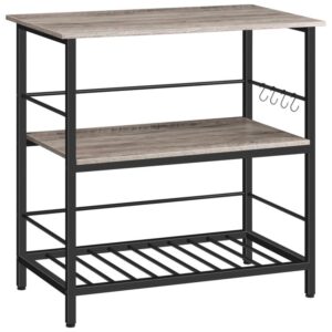 kitchen island with wine rack, industrial kitchen counter with hooks and side enclosures, 3 tier kitchen shelf with large workstation, saving space, stable, easy assembly, grey