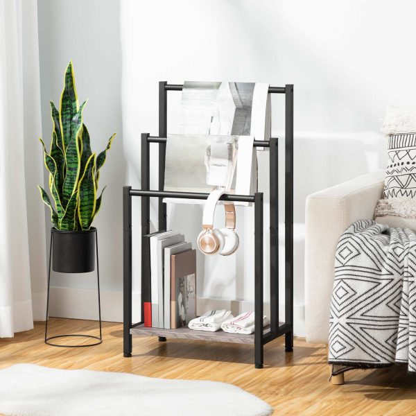 Freestanding 3-Tier Handduch Rack, Metal Decken Leeder Holder fir Buedzëmmer, Industriell-Stil Trocknung & Display Rack mat Regal, Gro & Schwaarz