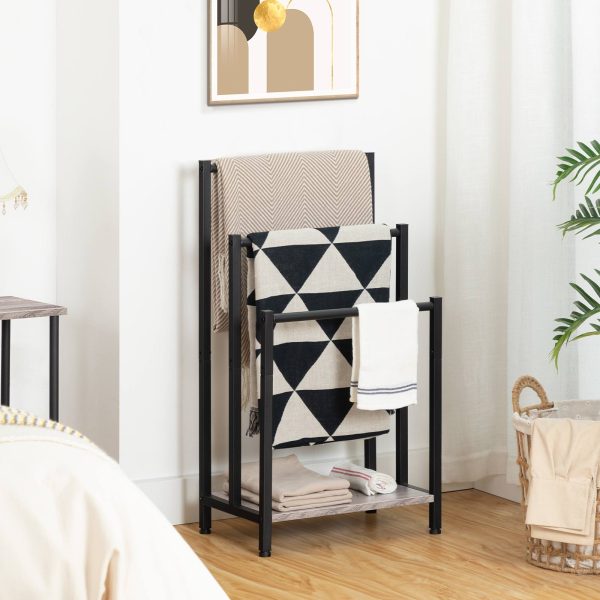 Freestanding 3-Tier Handduch Rack, Metal Decken Leeder Holder fir Buedzëmmer, Industriell-Stil Trocknung & Display Rack mat Regal, Gro & Schwaarz