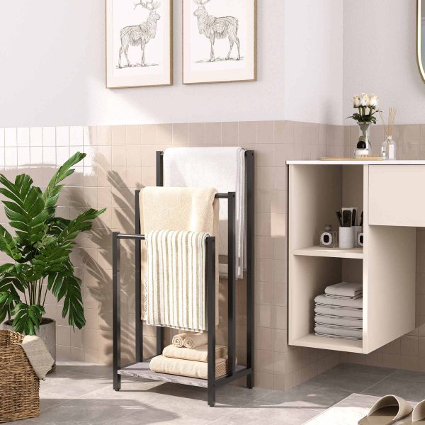 Freestanding 3-Tier Handduch Rack, Metal Decken Leeder Holder fir Buedzëmmer, Industriell-Stil Trocknung & Display Rack mat Regal, Gro & Schwaarz