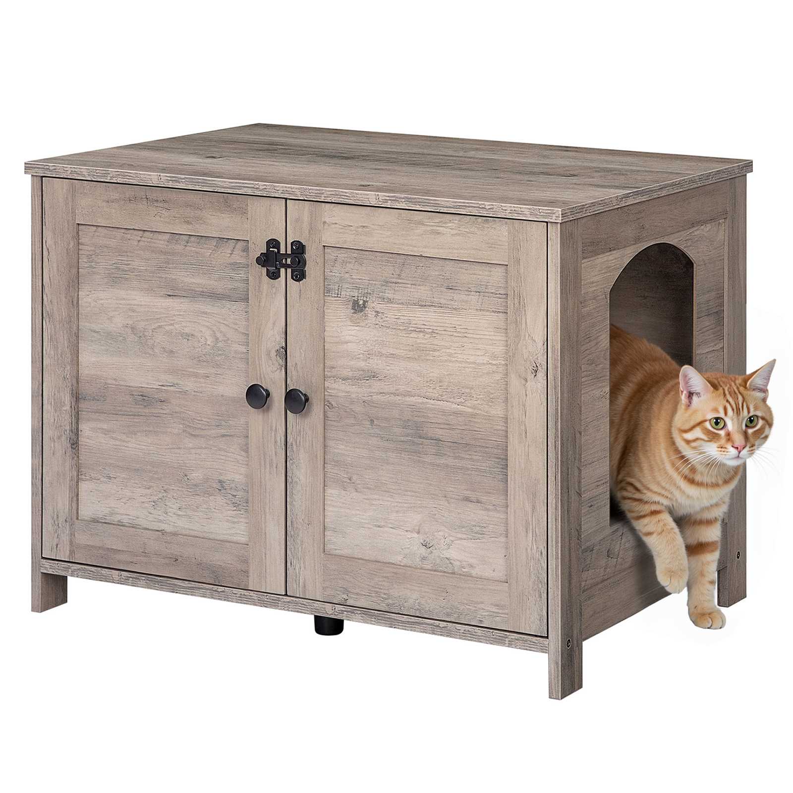 Gray Cat Litter Box Enclosure with Removable Divider, Large Wooden Hidden Litter Furniture, Multifunctional Cat House & End Side Table
