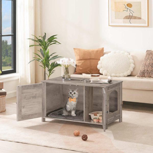 Graue Katzentoilette mit herausnehmbarer Trennwand, Große versteckte Streumöbel aus Holz, Multifunktionales Katzenhaus & Beistelltisch