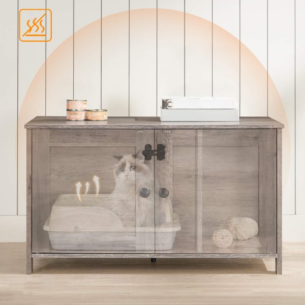 Graue Katzentoilette mit herausnehmbarer Trennwand, Große versteckte Streumöbel aus Holz, Multifunktionales Katzenhaus & Beistelltisch