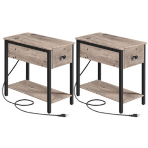 bedside tables with one drawer and charging station, set of 2 narrow end table with usb ports & power outlets living room gray