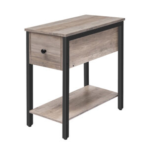 side table, 2-tier nightstand with drawer, narrow end table for small spaces, stable and sturdy construction, wood look accent furniture with metal frame, grey and black