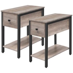set of 2 narrow end table, 2-tier nightstand with drawer and shelf, side table for small spaces, stable and sturdy, wood look accent table in bedroom, grey and black
