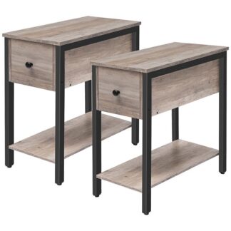 set van 2 smalle bijzettafel, 2-Laag nachtkastje met lade en plank, bijzettafel voor kleine spaties, Stabiel en stevig, houten uiterlijk accenttafel in de slaapkamer, grijs en zwart