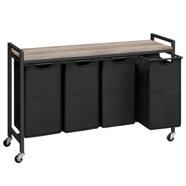 4-Panier à linge Section avec roulettes, 4Chariot à linge roulant × 39,8 L, Sacs amovibles en tissu Oxford, Gris & Noir, avec étagère supérieure & Poches latérales