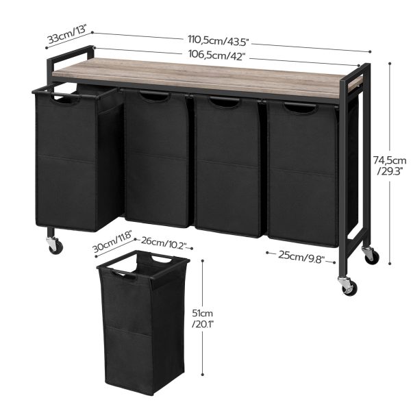 4-Panier à linge Section avec roulettes, 4Chariot à linge roulant × 39,8 L, Sacs amovibles en tissu Oxford, Gris & Noir, avec étagère supérieure & Poches latérales
