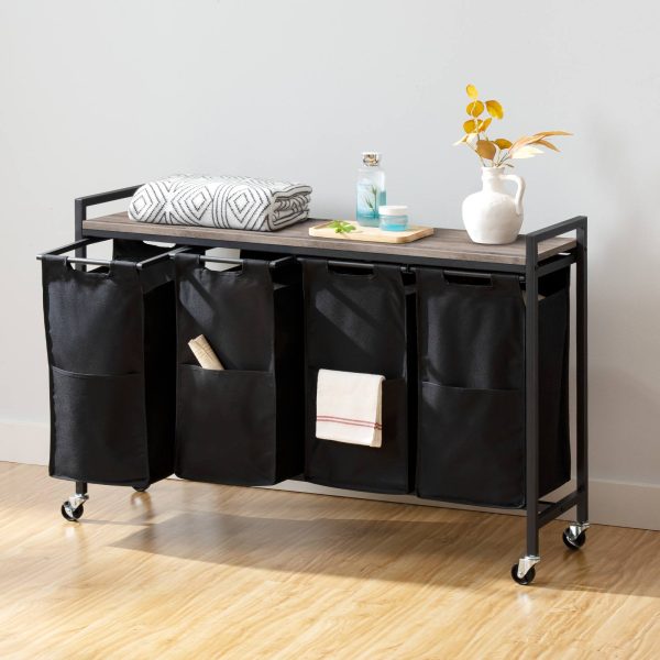4-Panier à linge Section avec roulettes, 4Chariot à linge roulant × 39,8 L, Sacs amovibles en tissu Oxford, Gris & Noir, avec étagère supérieure & Poches latérales