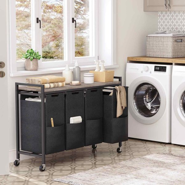 4-Panier à linge Section avec roulettes, 4Chariot à linge roulant × 39,8 L, Sacs amovibles en tissu Oxford, Gris & Noir, avec étagère supérieure & Poches latérales