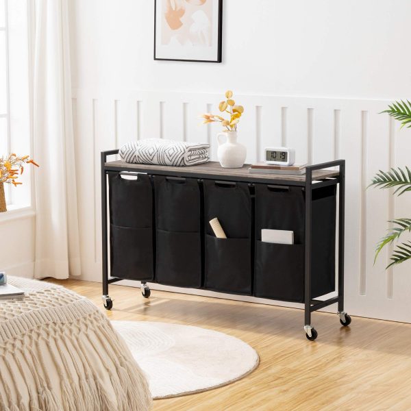 4-Panier à linge Section avec roulettes, 4Chariot à linge roulant × 39,8 L, Sacs amovibles en tissu Oxford, Gris & Noir, avec étagère supérieure & Poches latérales