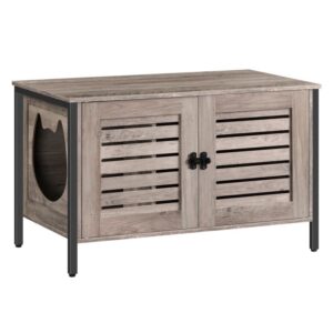 cat litter box enclosure, hidden litter box furniture with shutter door and cat head mat, cat entrance can be on left or right, cat washroom fit most of litter box, grey