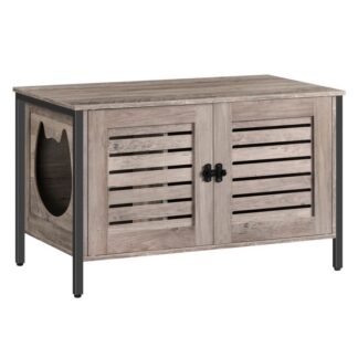 cat litter box enclosure, hidden litter box furniture with shutter door and cat head mat, cat entrance can be on left or right, cat washroom fit most of litter box, grey