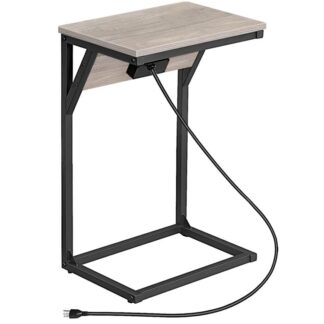 C-vormige eindtafel met laadstation, bijzettafel voor bank met USB -poorten & uitlaat, Industriële banktafel met metalen frame voor studie, woonkamer, slaapkamer, Greige en zwart