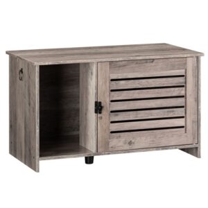 cat litter box enclosure, hidden cat litter box furniture with louvered door, spacious hidden cat washroom with divider, cat furniture cabinet, wooden pet house, greige