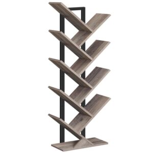 tree bookshelf, 9-tier bookcase wooden shelves, floor standing storage rack, for display of cds, books in living room, home office, wood storage rack for bedroom, grey