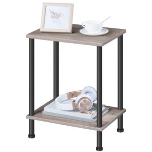 End Table with Charging Station, Grey & Black 2-Layer Storage Nightstand, Industrial Farmhouse Side Table for Small Spaces, Living Room & Entryway, Stable Frame, Tool-Free Assembly