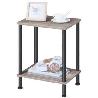 طاولة نهاية مع محطة شحن, رمادي & Black 2-Layer Storage Nightstand, Industrial Farmhouse Side Table for Small Spaces, غرفة الجلوس & مدخل, إطار مستقر, تجميع خالٍ من الأدوات