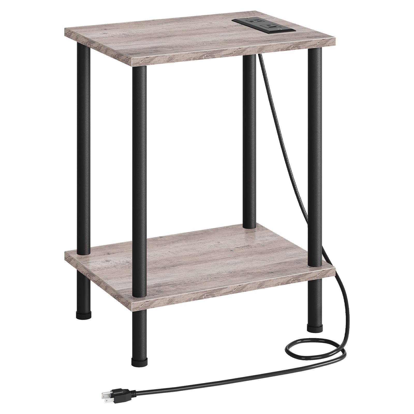 side table with charging station, end table with usb ports and outlet, nightstand with 2-layer storage shelves for small spaces, living room, bedroom, stable frame, greige and black