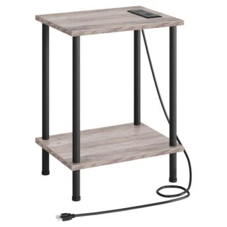 side table with charging station, end table with usb ports and outlet, nightstand with 2-layer storage shelves for small spaces, living room, bedroom, stable frame, greige and black