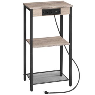 Tavolino alto con stazione di ricarica e porte USB, 3-Tavolo telefonico di livello, Piccolo tavolo da ingresso, Comodino stretto per piccoli spazi nel soggiorno, Camera da letto, Corridoio, Greige