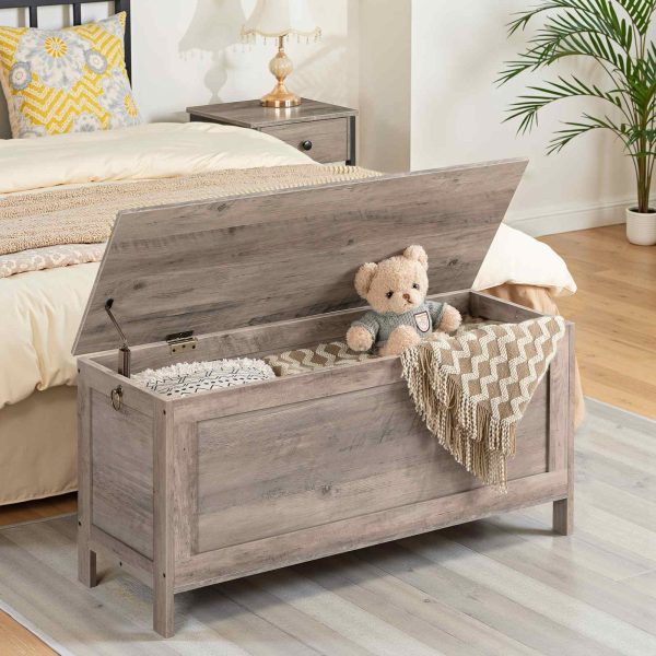 Retro Grey Storage Chest with Safety Hinge, Solidna ławka do przechowywania w przedpokoju, Wooden-Look Accent Furniture, Easy-Assembly Toy Box Organizer