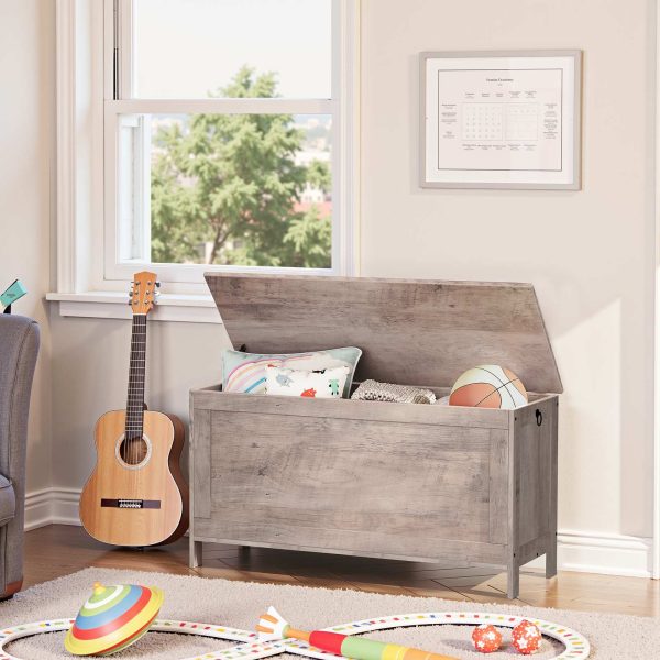 Retro Grey Storage Chest with Safety Hinge, Solidna ławka do przechowywania w przedpokoju, Wooden-Look Accent Furniture, Easy-Assembly Toy Box Organizer
