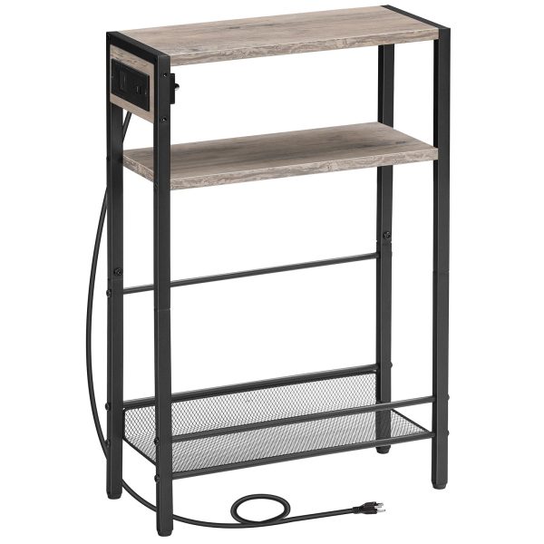 Slim Narrow Side Table with Integrated Charging Module, Space-Saving End Table Equipped with USB Ports & Wechselstromauslass, Multi-Functional Storage Shelf for Compact Spaces, Greige & Schwarzes Finish