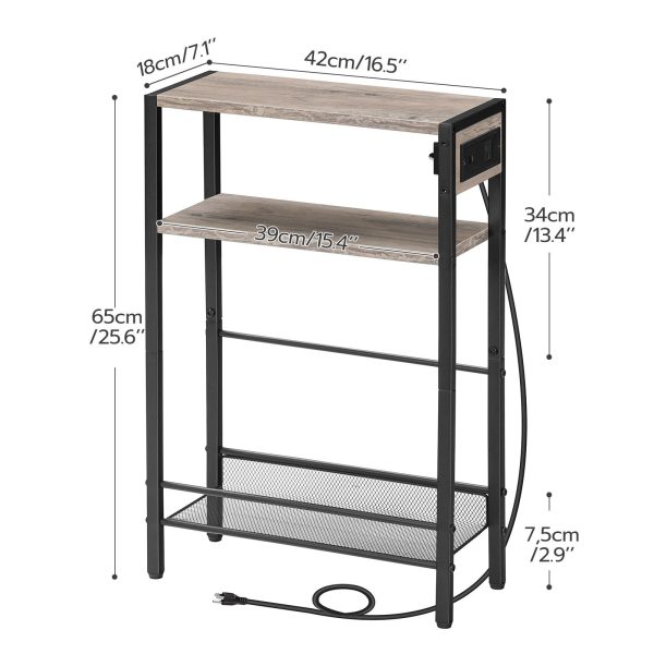 Slim Narrow Side Table with Integrated Charging Module, Space-Saving End Table Equipped with USB Ports & Wechselstromauslass, Multi-Functional Storage Shelf for Compact Spaces, Greige & Schwarzes Finish