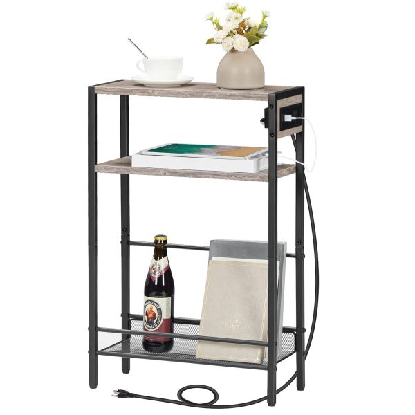 Slim Narrow Side Table with Integrated Charging Module, Space-Saving End Table Equipped with USB Ports & Wechselstromauslass, Multi-Functional Storage Shelf for Compact Spaces, Greige & Schwarzes Finish