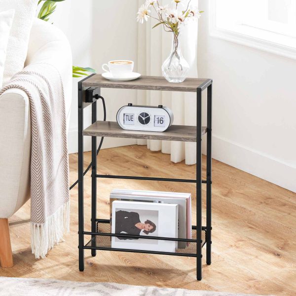 Slim Narrow Side Table with Integrated Charging Module, Space-Saving End Table Equipped with USB Ports & Wechselstromauslass, Multi-Functional Storage Shelf for Compact Spaces, Greige & Schwarzes Finish