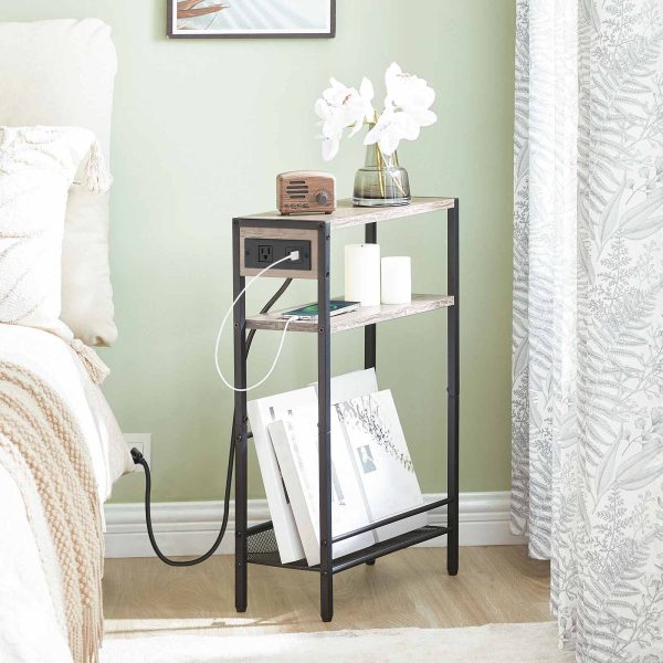 Slim Narrow Side Table with Integrated Charging Module, Space-Saving End Table Equipped with USB Ports & Wechselstromauslass, Multi-Functional Storage Shelf for Compact Spaces, Greige & Schwarzes Finish