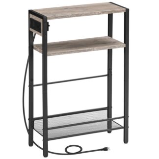 Pieni kapea sivupöytä latausasemalla, Laiha päätypöytä pienille tiloille, Ohut yöpöytä USB -porttien pistorasialla, Sohva taulukon vieressä säilytyshyllyllä, Greige ja musta