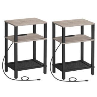 Side Table with Charging Station, Set of 2 End Tables with USB Ports and Outlets, 3-Tier Storage Shelves Nightstand, Sofa Table for Bedroom, Living Room, Greige and Black