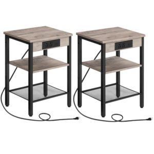 end table set of 2 with charging station and usb ports, 3-tier nightstand with adjustable shelves, narrow side table for small space in living room, bedroom and balcony, greige