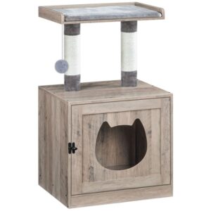 litter box enclosure with cat tree tower, litter box furniture hidden with cute entrance, private washroom with sisal scratching posts, cat head door and large platform, grey
