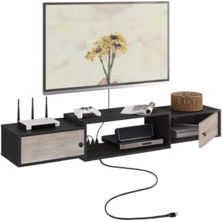 Floating TV Stand with Power Outlets 55", Modern Wall Mounted Media Console Shelf with Doors, Entertainment Center for Under TV Storage, for Living Room, Bedroom, Greige and Black