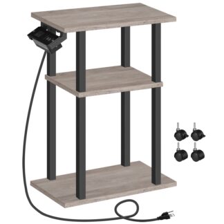 Small End Table with Charging Station, Narrow Skinny Side Table for Small Spaces, Slim Nightstand with USB Ports and Outlet, 3 Tier Bedside Table on Wheels for Living Room, Bedroom