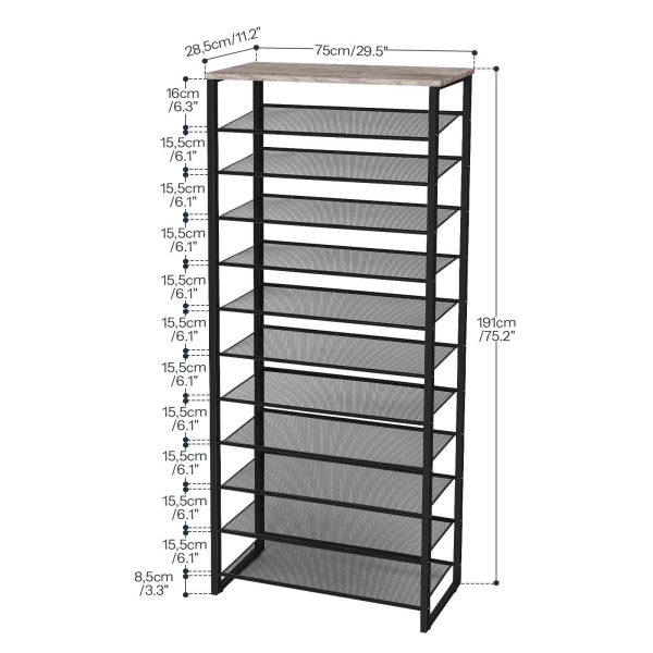 12-Tier Metal Mesh Shoe Rack, Gray and Black High-Capacity Shoe Storage Organizer, 36-48 Pair Shoe Shelf for Entryway and Closet