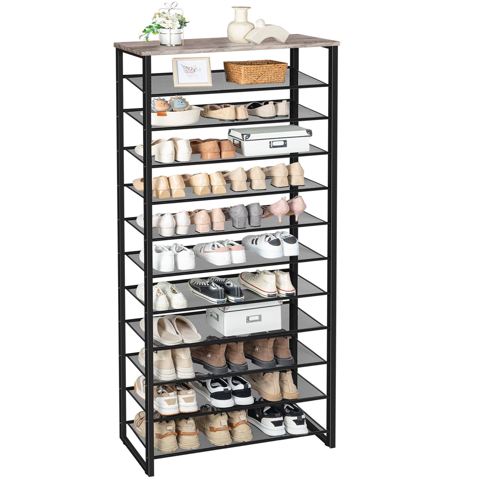 12-Tier Metal Mesh Shoe Rack, Gray and Black High-Capacity Shoe Storage Organizer, 36-48 Pair Shoe Shelf for Entryway and Closet