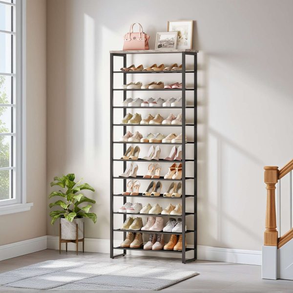 12-Tier Metal Mesh Shoe Rack, Gray and Black High-Capacity Shoe Storage Organizer, 36-48 Pair Shoe Shelf for Entryway and Closet