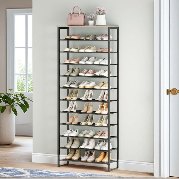 12-Tier Metal Mesh Shoe Rack, Gray and Black High-Capacity Shoe Storage Organizer, 36-48 Pair Shoe Shelf for Entryway and Closet