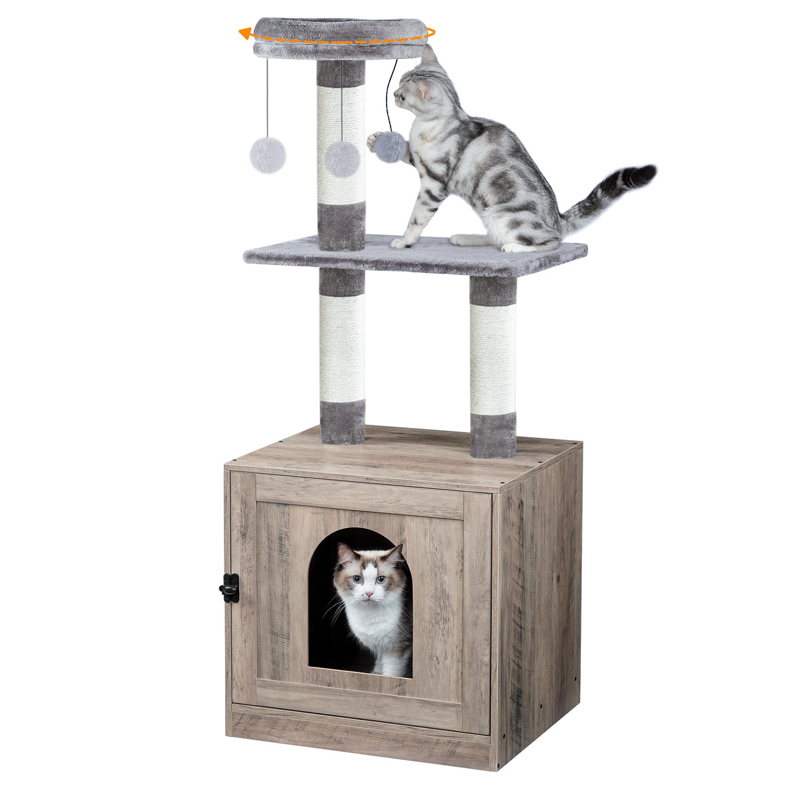 Grey Wooden Cat Litter Box Enclosure with Cat Tree Tower, Hidden Pet Washroom Integrated with Scratching Posts and Plush Perch, Multilayer Indoor Cat Furniture