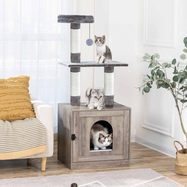 Šedá drevená ohrada na podstielku pre mačky s vežou na strome pre mačky, Skrytá toaleta pre domáce zvieratá integrovaná so škrabadlami a plyšovým bidielkom, Viacvrstvový vnútorný nábytok pre mačky